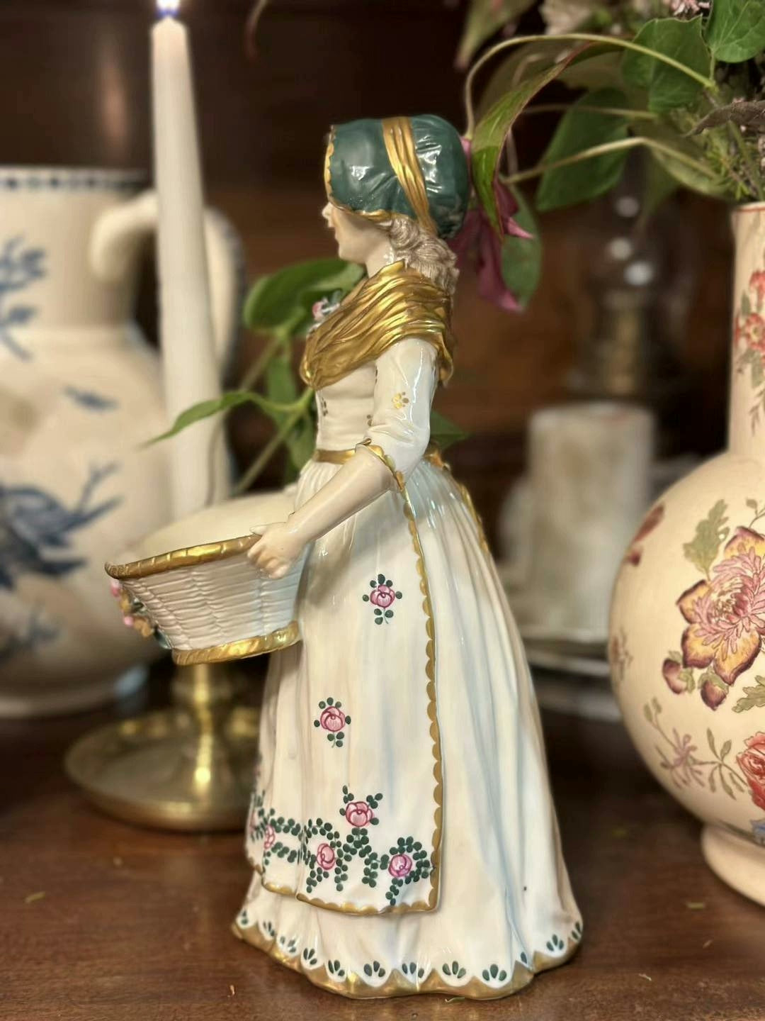 French medieval Capodimonte 19th century unique colored glazed ceramic statue doll porcelain doll