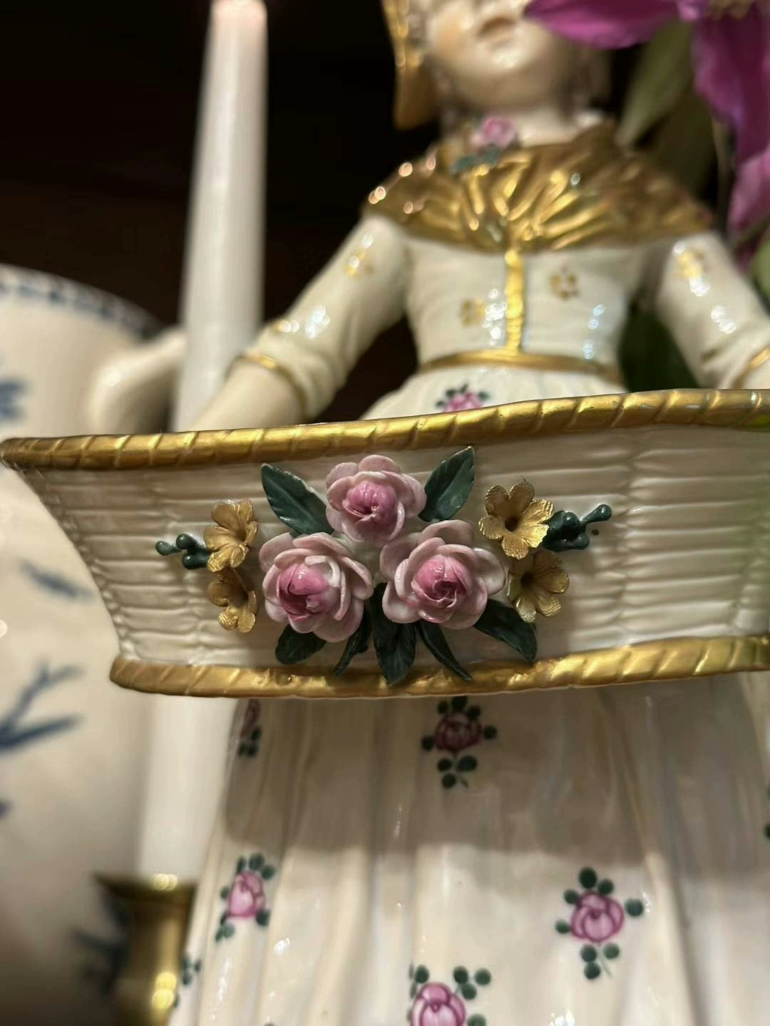 French medieval Capodimonte 19th century unique colored glazed ceramic statue doll porcelain doll