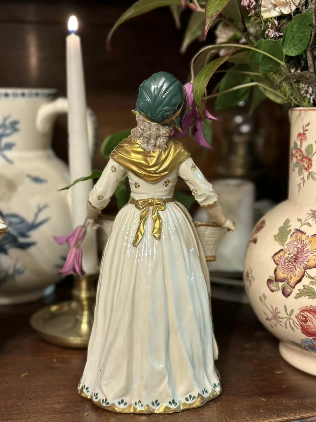 French medieval Capodimonte 19th century unique colored glazed ceramic statue doll porcelain doll