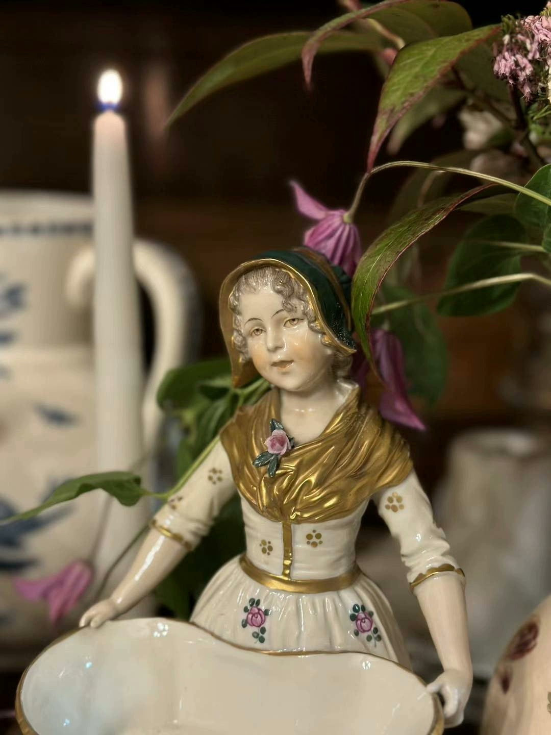 French medieval Capodimonte 19th century unique colored glazed ceramic statue doll porcelain doll