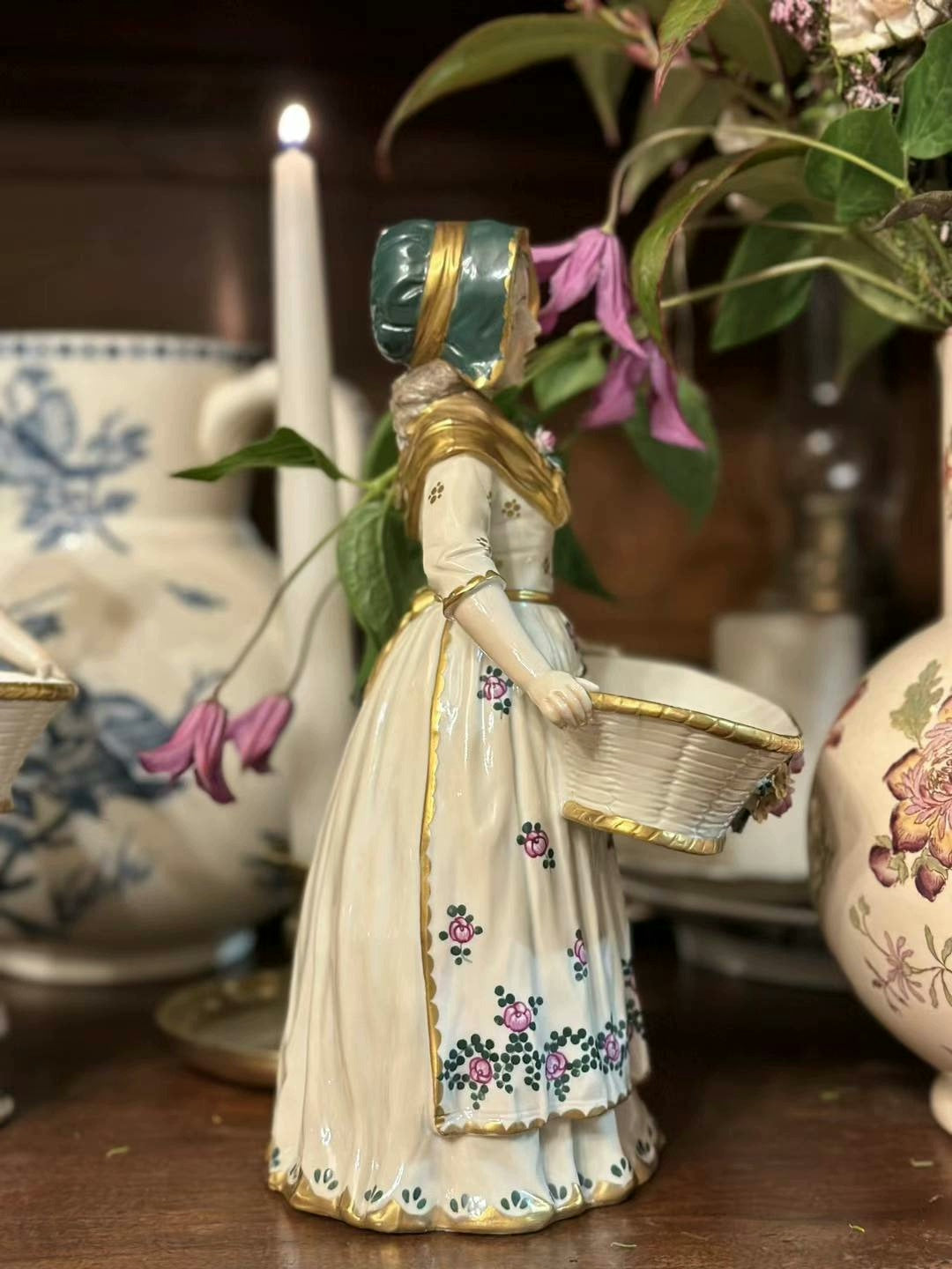 French medieval Capodimonte 19th century unique colored glazed ceramic statue doll porcelain doll