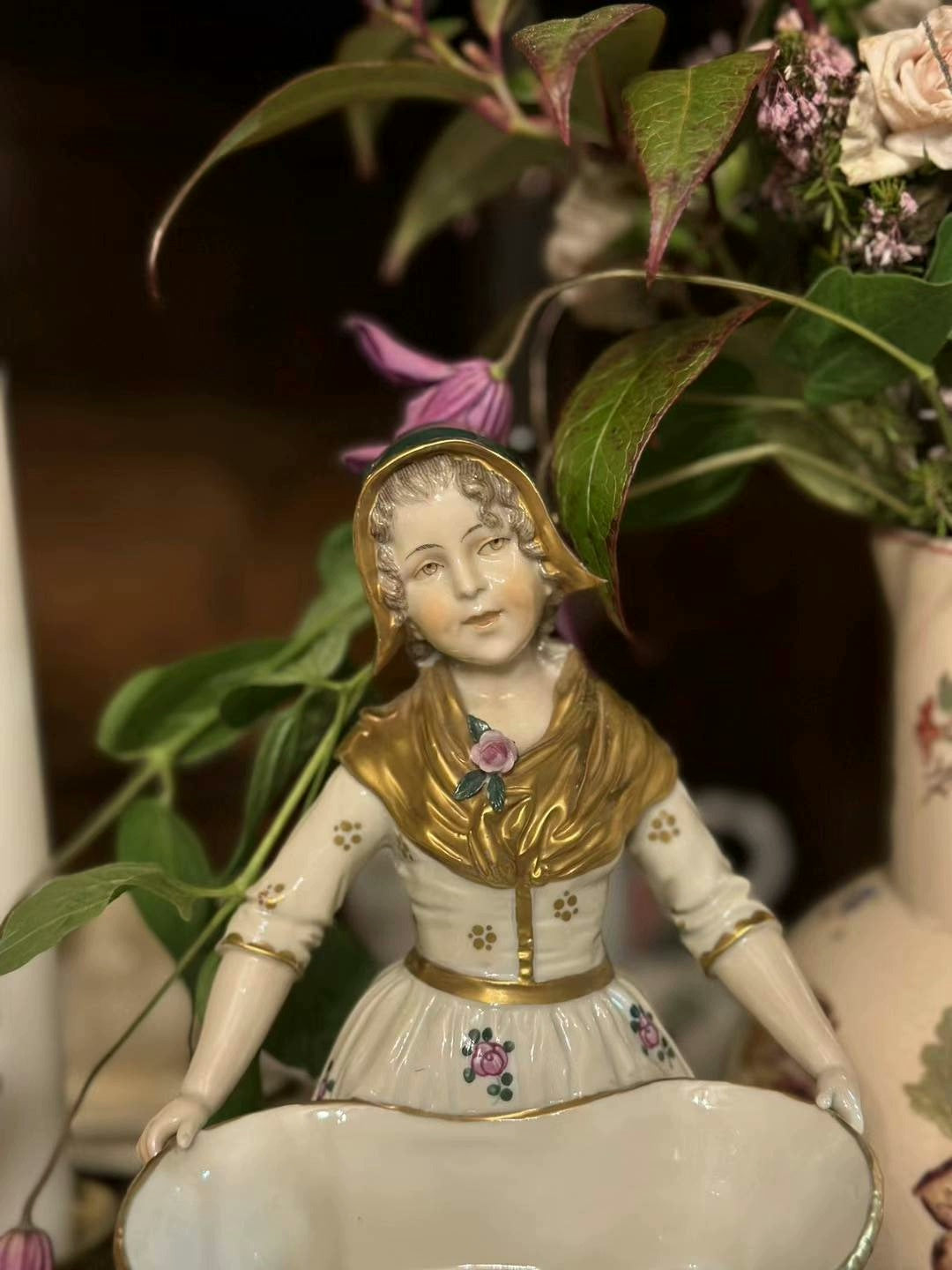 French medieval Capodimonte 19th century unique colored glazed ceramic statue doll porcelain doll