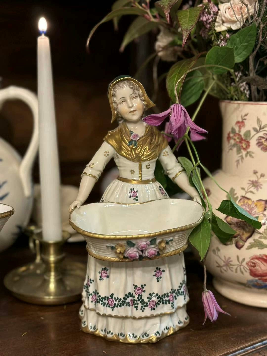 French medieval Capodimonte 19th century unique colored glazed ceramic statue doll porcelain doll