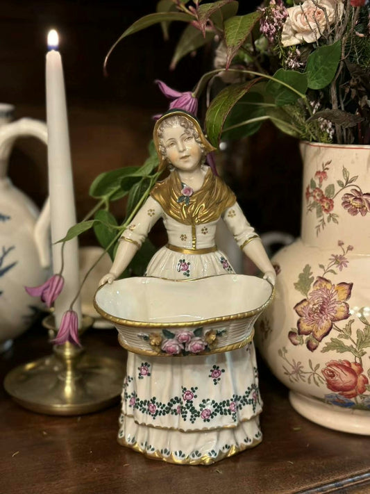 French medieval Capodimonte 19th century unique colored glazed ceramic statue doll porcelain doll